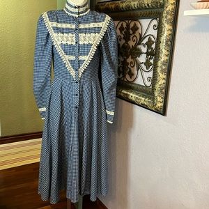 Jessica McClintock French Fabric SAX Blue Check Dress - VTG / White Lace Sz 3/4